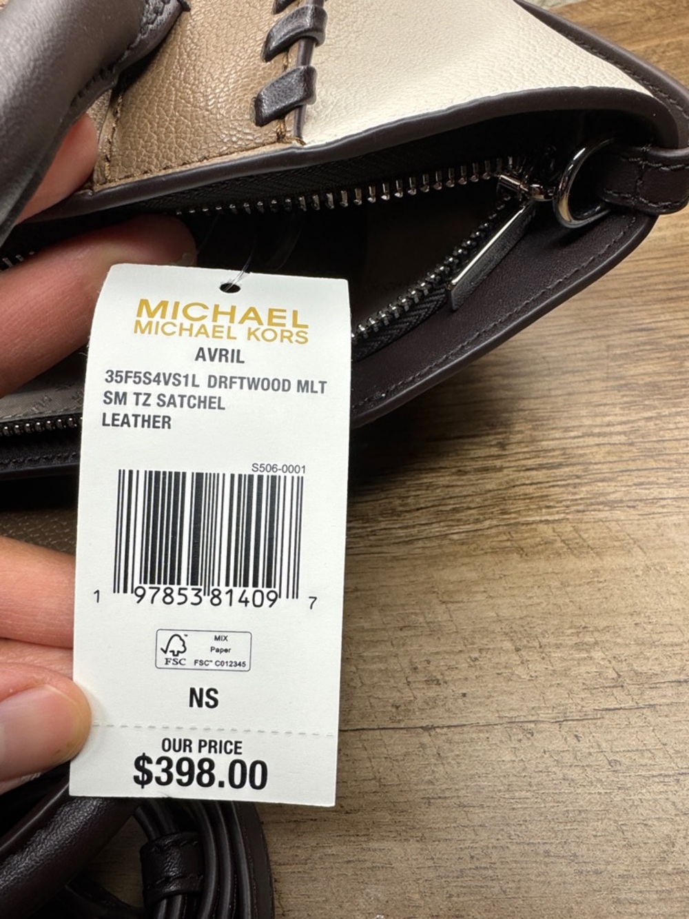 Michael Avril Kors Taupe, Cream & Dark Brown Whipstitch Satchel with Wallet - Picture 7 of 10